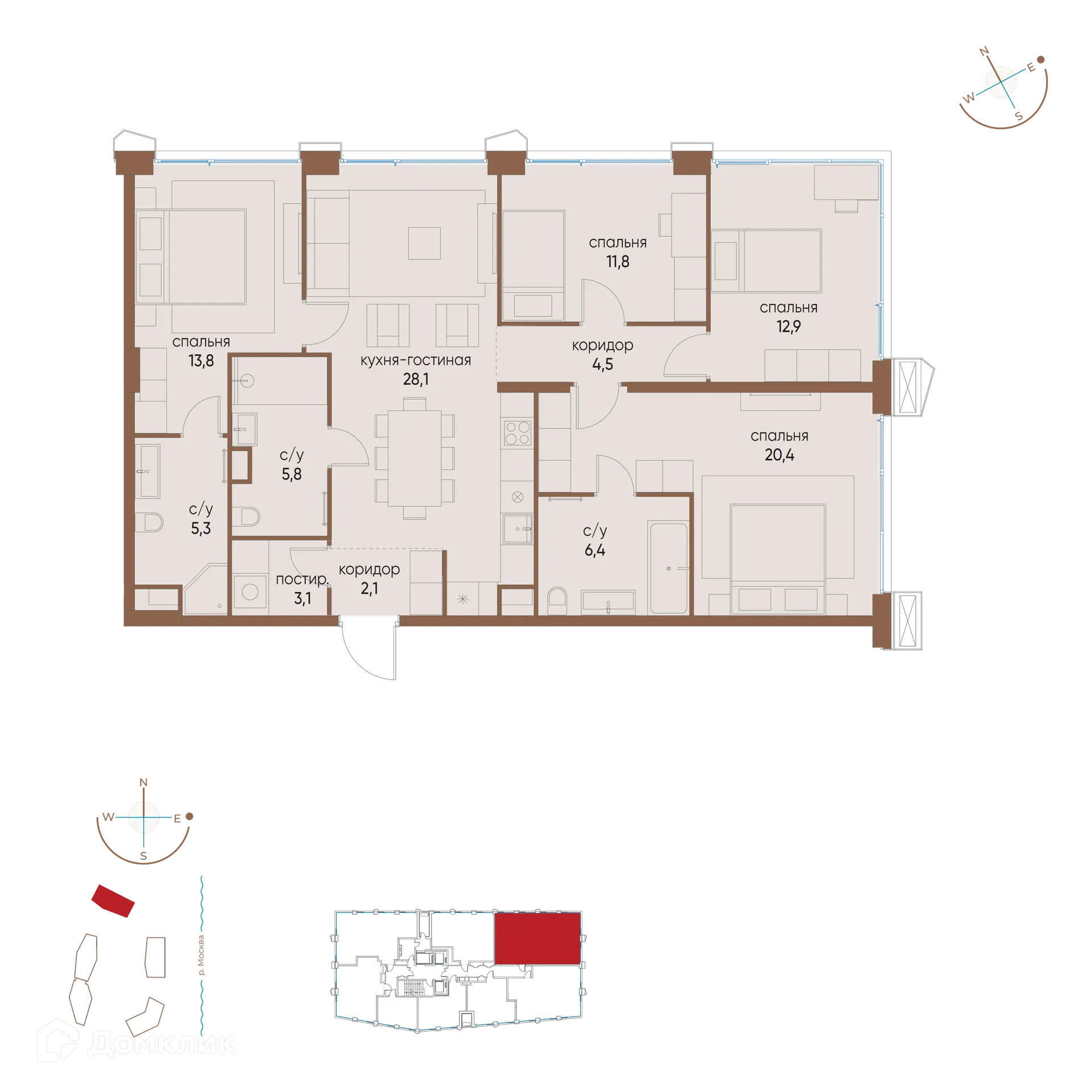 Планировка 4-комнатной квартиры 114.2 м² в ЖК "Остров", г. Москва — фото 1