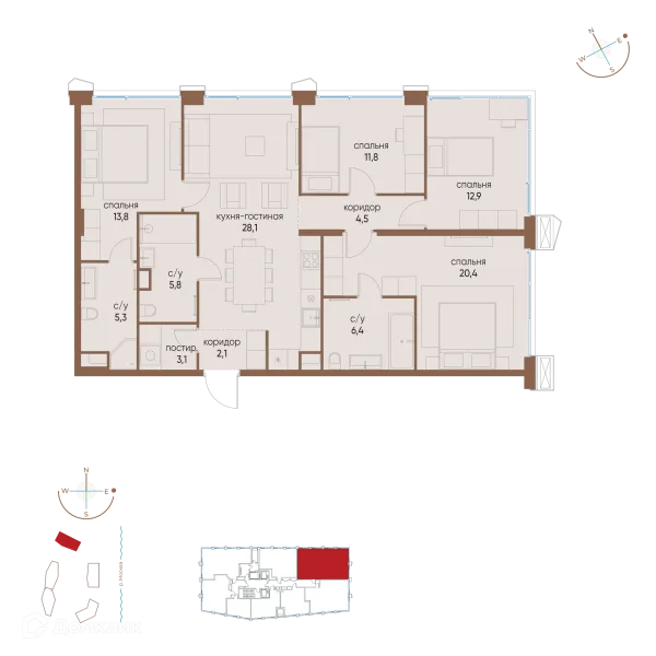 Планировка 4 комн. в ЖК "Остров"