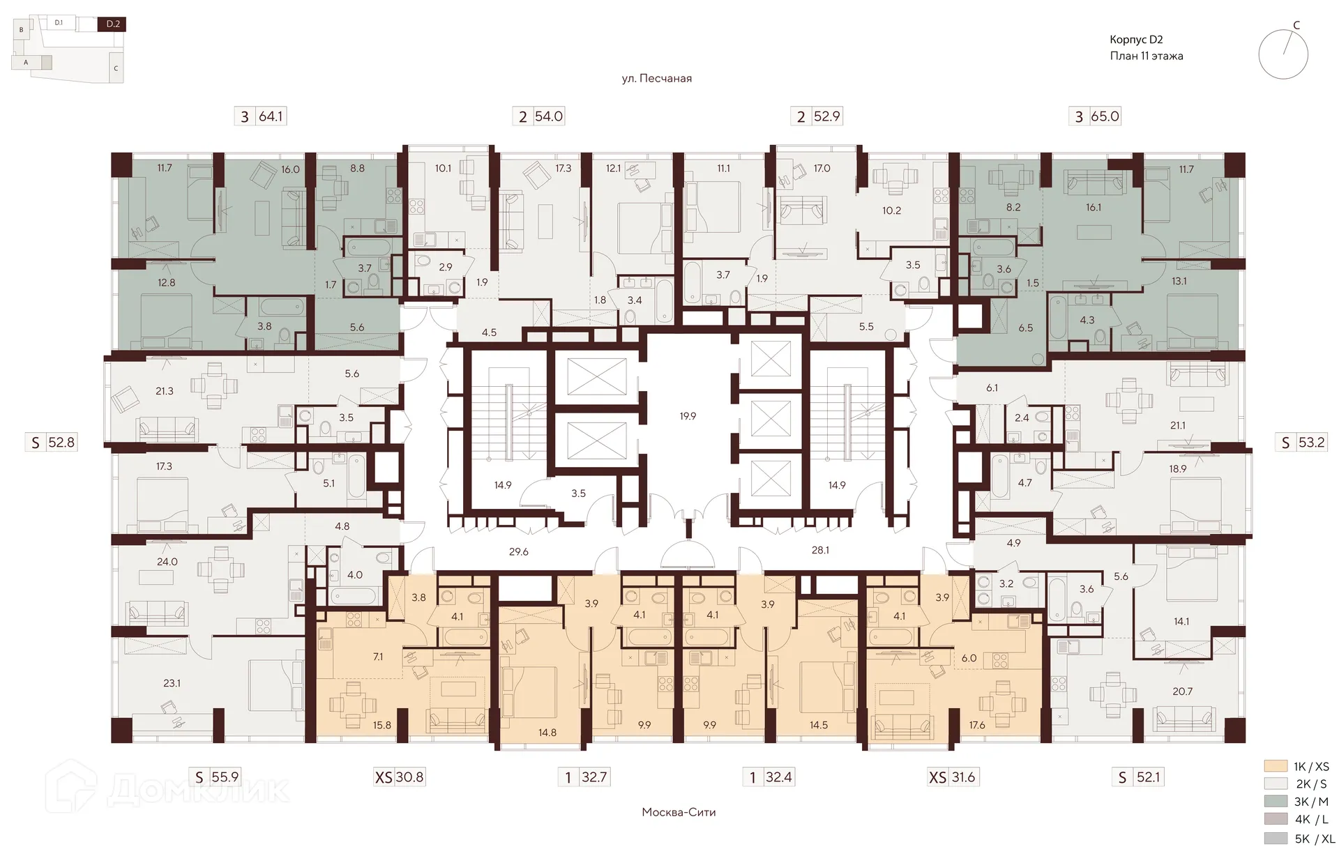 Планировка 1-комнатной квартиры 52.8 м² в ЖК Инди Тауэрз, г. Москва — фото 2