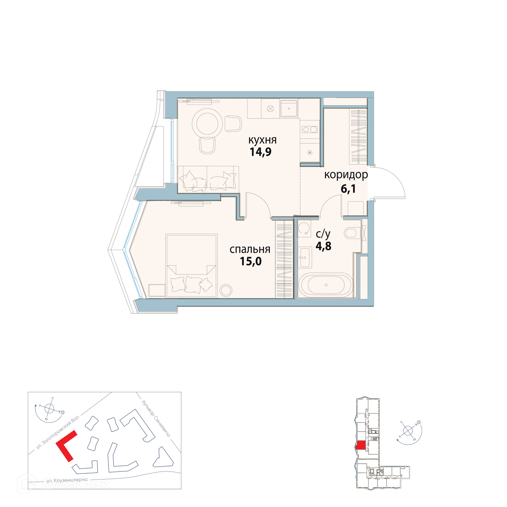 Планировка 1-комнатной квартиры 40.8 м² в ЖК "Символ", г. Москва — фото 1