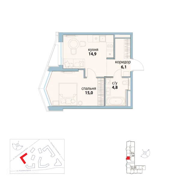 Планировка 1 комн. в ЖК "Символ"