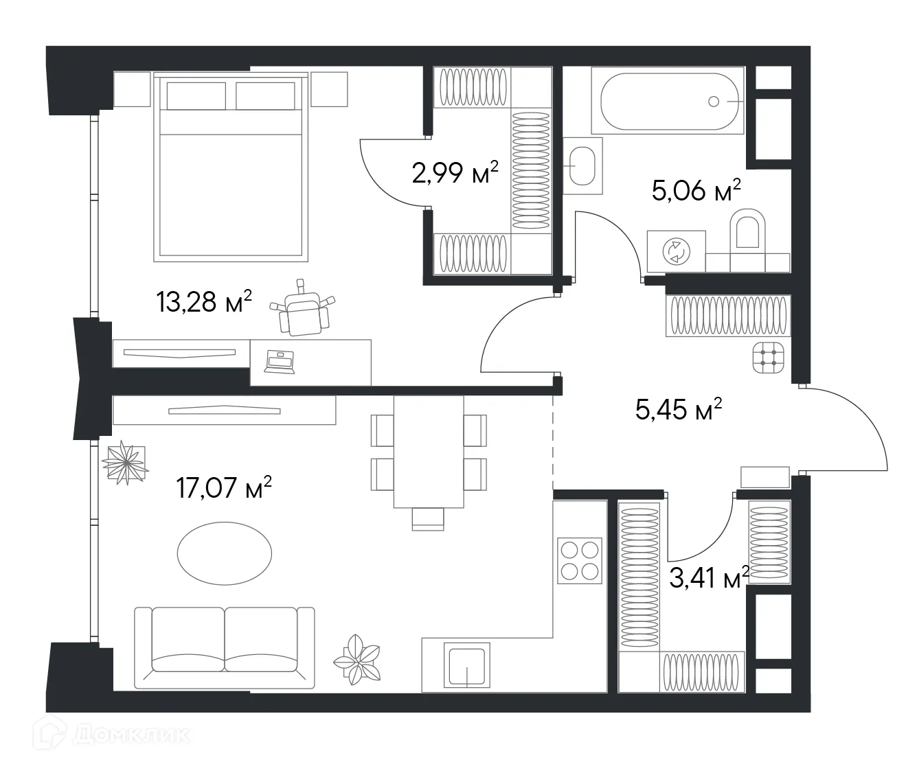 Планировка 1-комнатной квартиры 47.23 м² в ЖК «1-й Нагатинский», г. Москва — фото 1