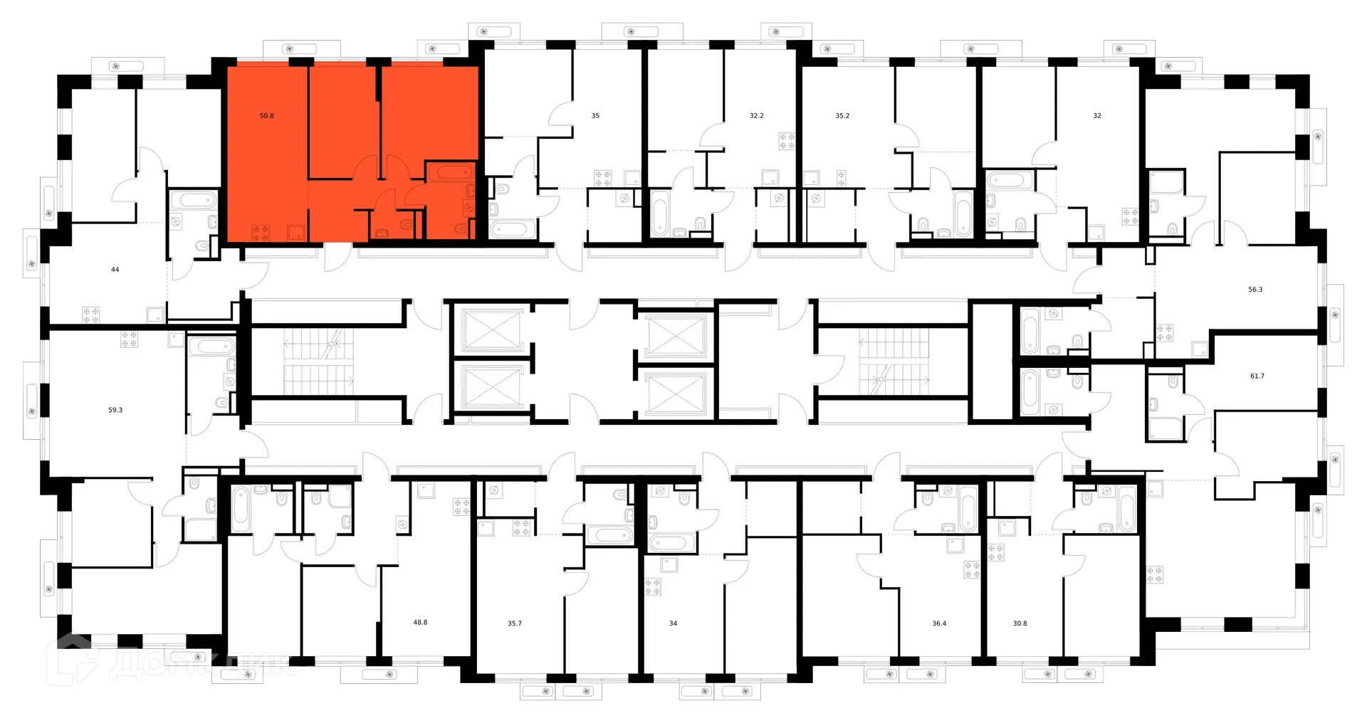 Планировка 2-комнатной квартиры 50.8 м² в ЖК Саларьево парк, г. Москва — фото 2