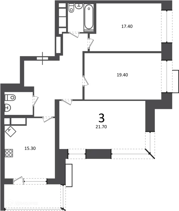 Планировка 3 комн. в Клинская ул., д. 2А (Московские кварталы)