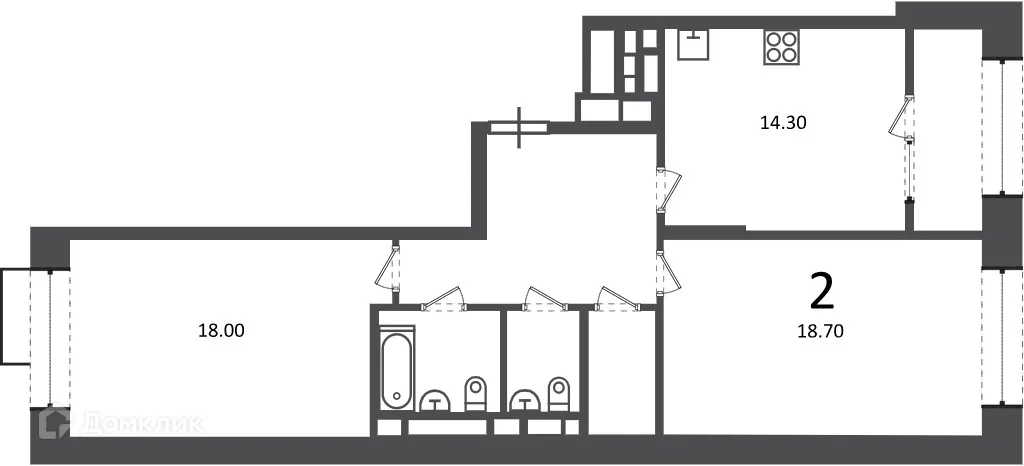 Планировка 2-комнатной квартиры 70.3 м² в Клинская ул., д. 2А (Московские кварталы), г. Москва — фото 1