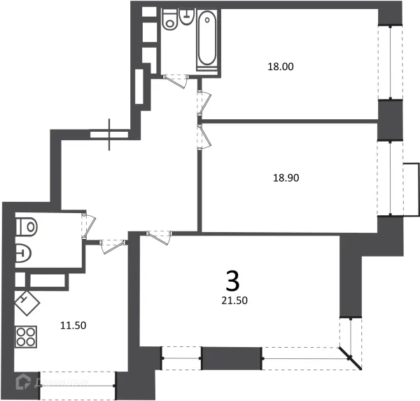 Планировка 3 комн. в Клинская ул., д. 2А (Московские кварталы)