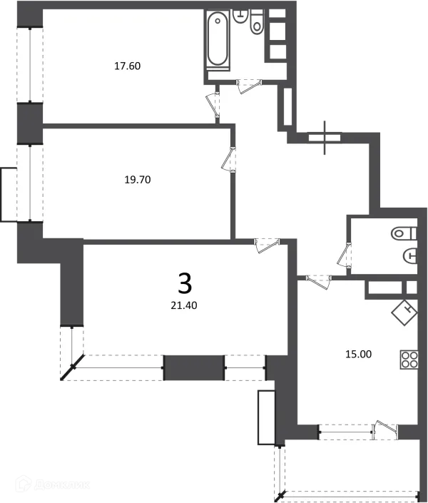 Планировка 3 комн. в Клинская ул., д. 2А (Московские кварталы)