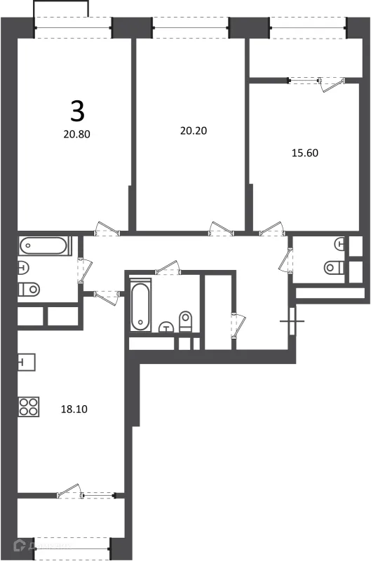Планировка 3 комн. в Клинская ул., д. 2А (Московские кварталы)