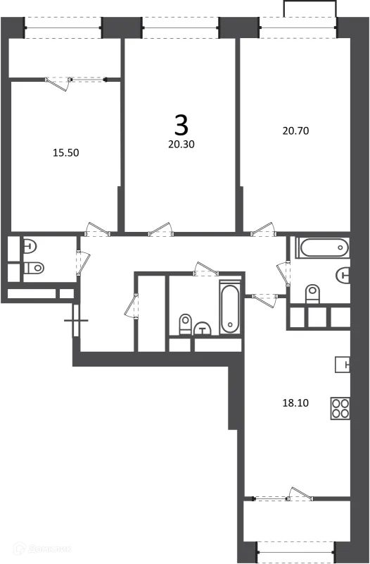 Планировка 3 комн. в Клинская ул., д. 2А (Московские кварталы)