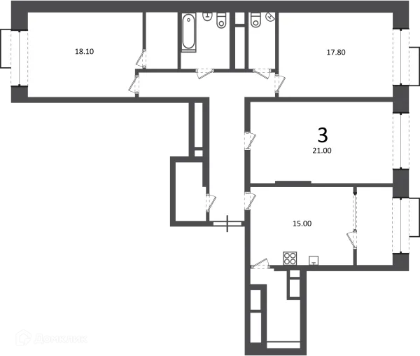 Планировка 3 комн. в Клинская ул., д. 2А (Московские кварталы)