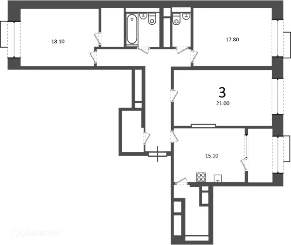 Планировка 3 комн. в Клинская ул., д. 2А (Московские кварталы)