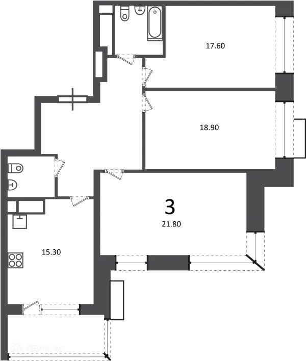 Планировка 3 комн. в Клинская ул., д. 2А (Московские кварталы)