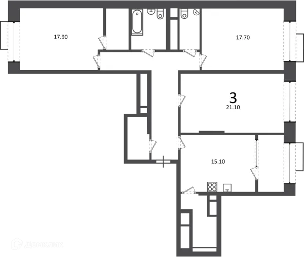 Планировка 3 комн. в Клинская ул., д. 2А (Московские кварталы)