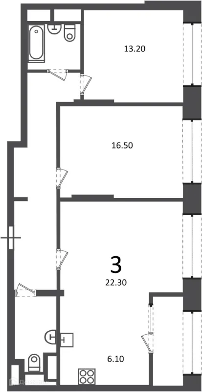 Планировка 3 комн. в Клинская ул., д. 2А (Московские кварталы)