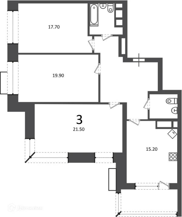 Планировка 3 комн. в Клинская ул., д. 2А (Московские кварталы)