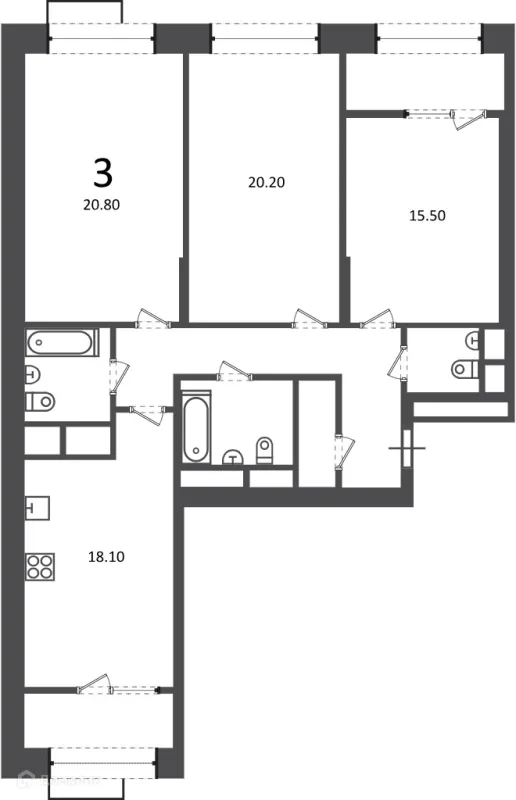 Планировка 3 комн. в Клинская ул., д. 2А (Московские кварталы)