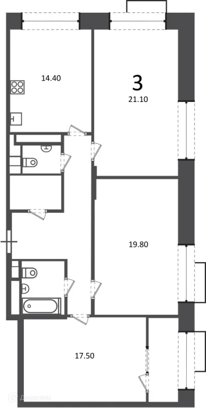 Планировка 3 комн. в Клинская ул., д. 2А (Московские кварталы)