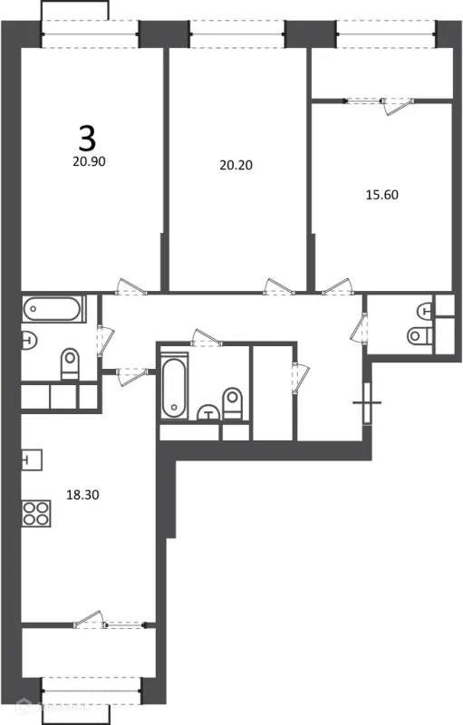 Планировка 3 комн. в Клинская ул., д. 2А (Московские кварталы)