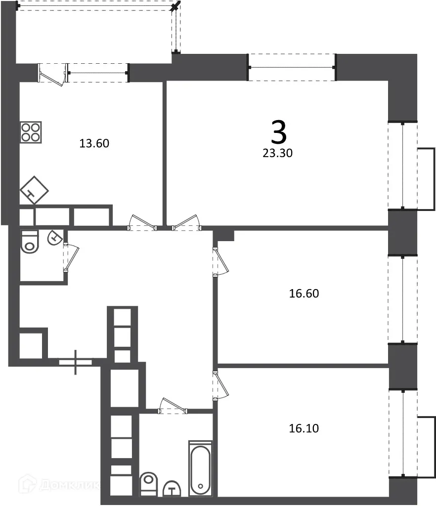 Планировка 3-комнатной квартиры 93 м² в Клинская ул., д. 2А (Московские кварталы), г. Москва — фото 1