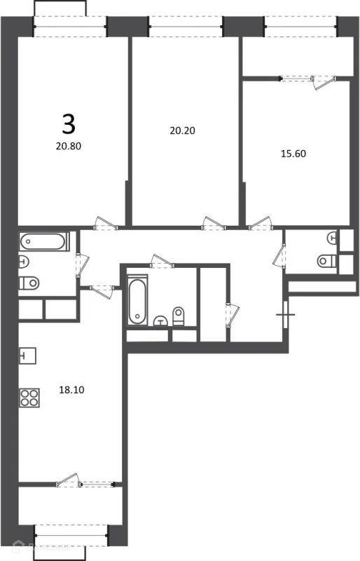 Планировка 3 комн. в Клинская ул., д. 2А (Московские кварталы)