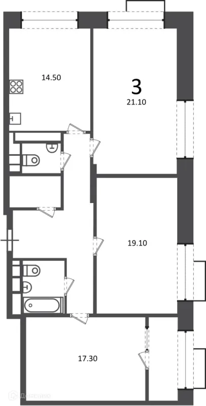 Планировка 3 комн. в Клинская ул., д. 2А (Московские кварталы)