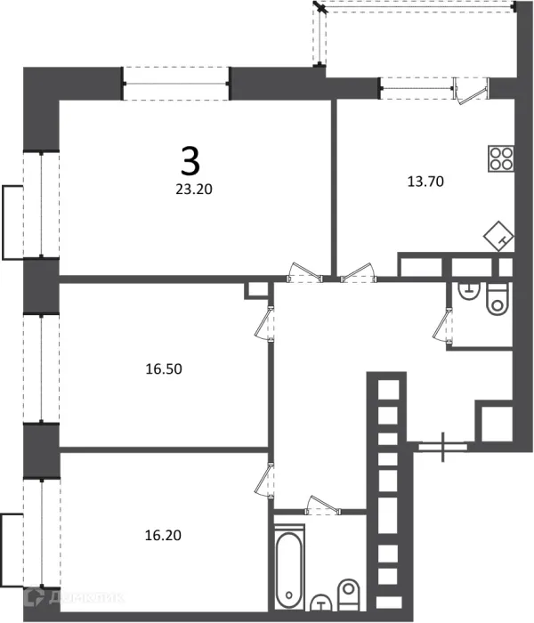 Планировка 3 комн. в Клинская ул., д. 2А (Московские кварталы)