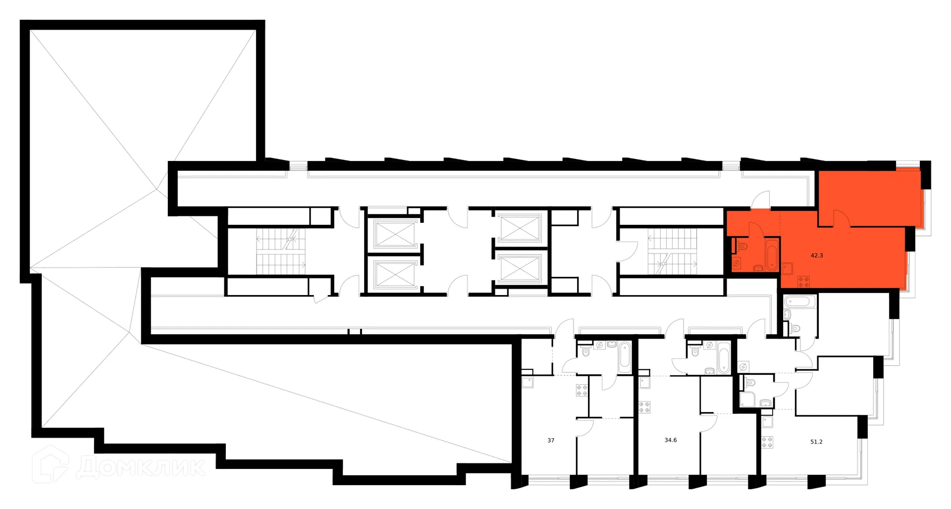 Планировка 1-комнатной квартиры 42.3 м² в ЖК Зелёный парк, г. Москва — фото 3