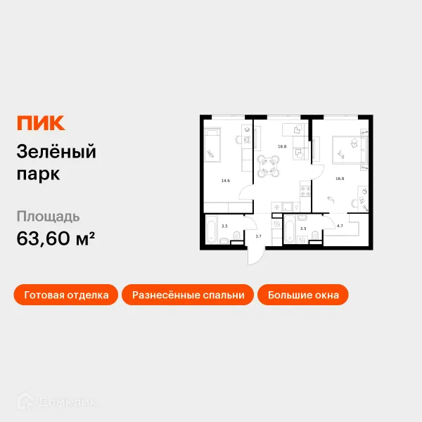 Планировка 2 комн. в ЖК Зелёный парк