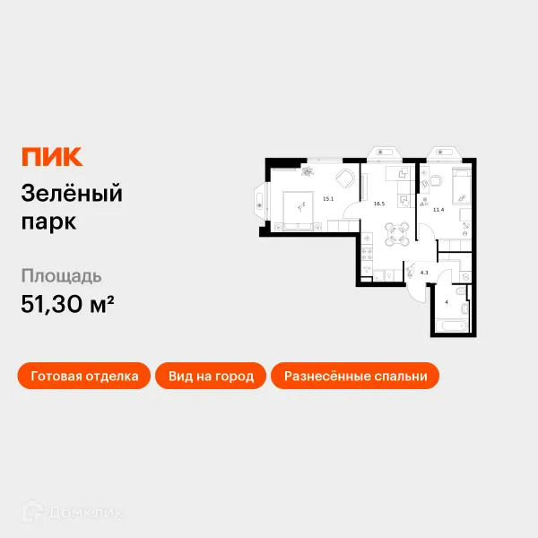 Планировка 2 комн. в ЖК Зелёный парк
