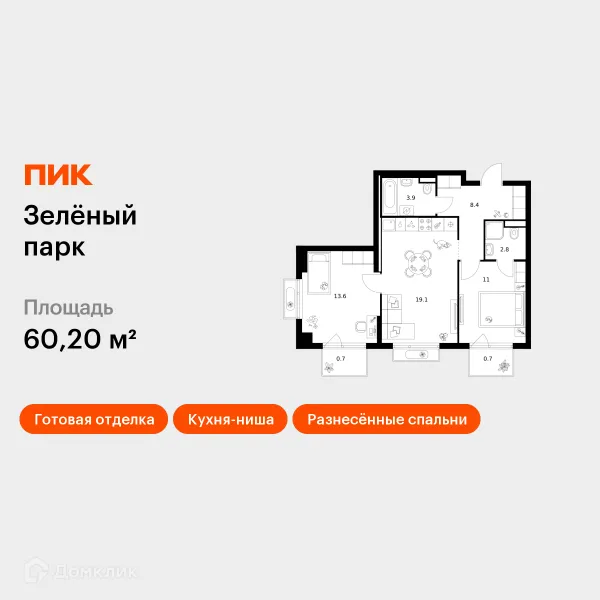 Планировка 2 комн. в ЖК Зелёный парк