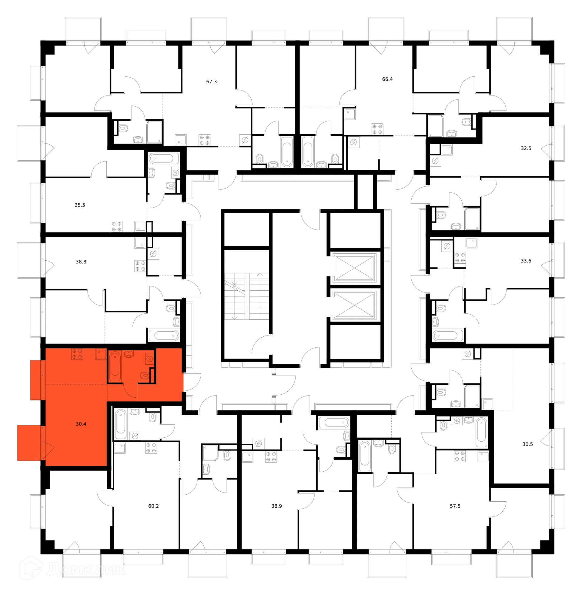Планировка 1-комнатной квартиры 30.4 м² в ЖК Зелёный парк, г. Москва — фото 2