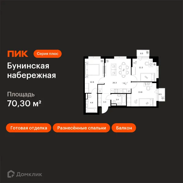 Планировка 3 комн. в «Бунинская набережная»