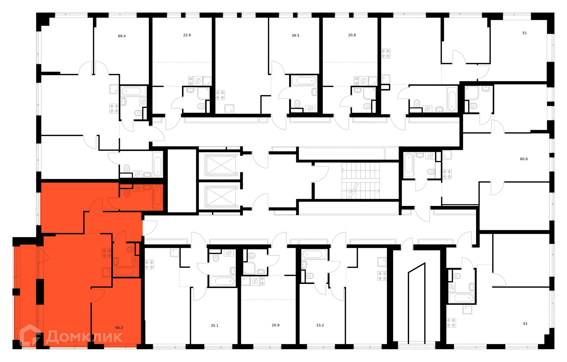 Планировка 2-комнатной квартиры 66.2 м² в «Бунинская набережная», г. Москва — фото 2