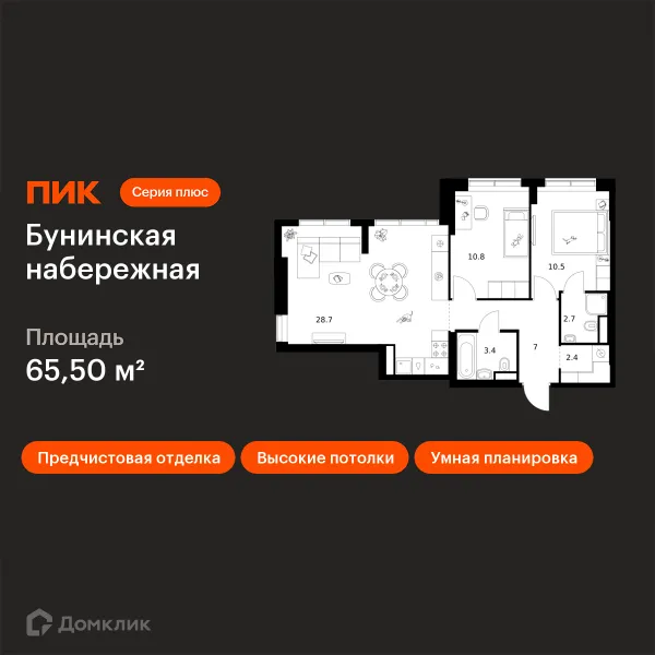 Планировка 2 комн. в «Бунинская набережная»