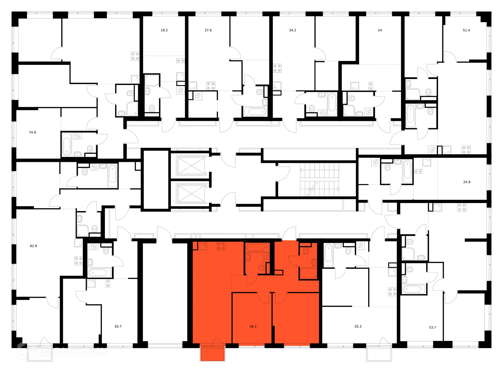 Планировка 2-комнатной квартиры 58.1 м² в «Бунинская набережная», г. Москва — фото 2