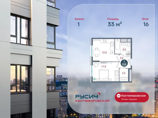 Планировка 1 комн. в ЖК Русич Кантемировский