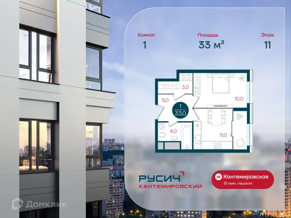 Планировка 1 комн. в ЖК Русич Кантемировский