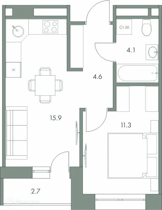 Планировка 1-комнатной квартиры 38.6 м² в ЖК Эко-квартал "Долина Ручьев", г. Ханты-Мансийск — фото 1