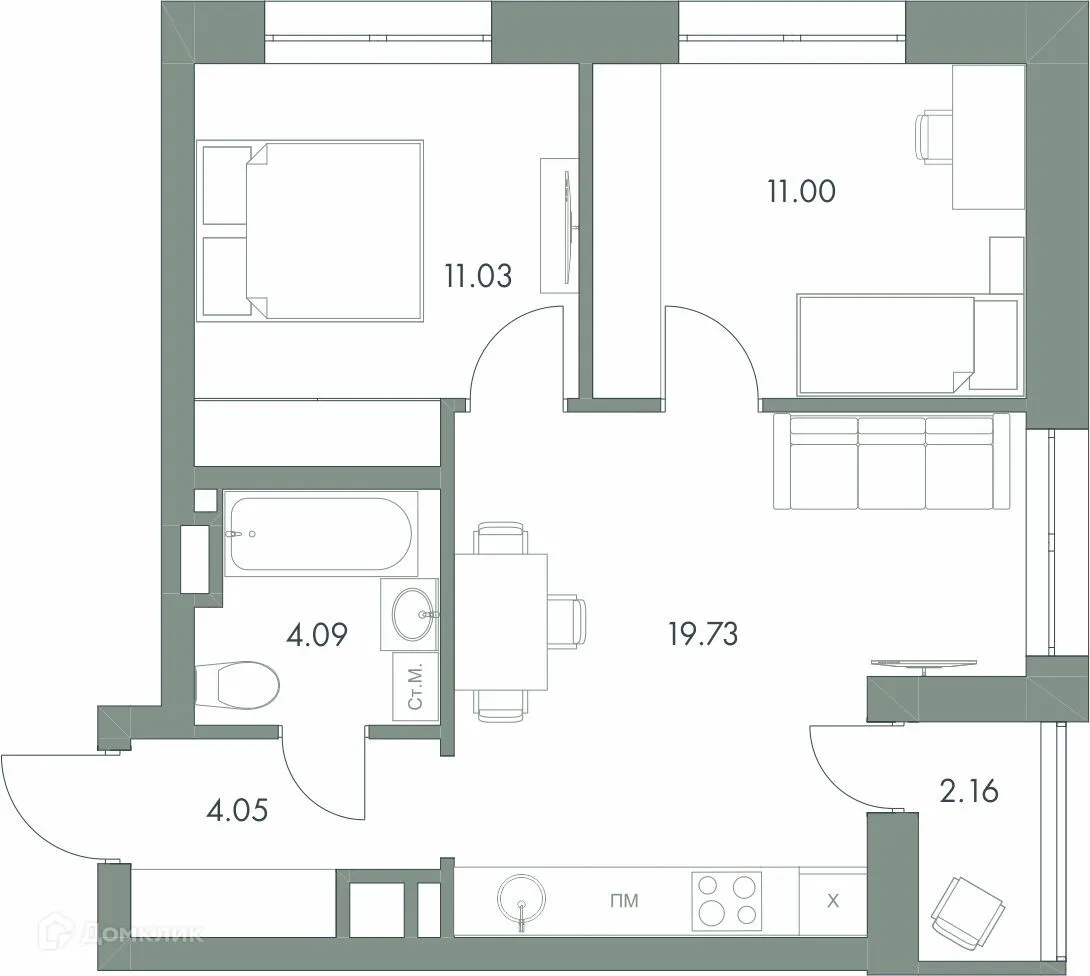 Планировка 2-комнатной квартиры 52.06 м² в ЖК Есенин, г. Ханты-Мансийск — фото 4