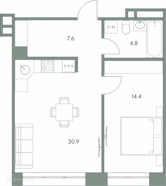 Планировка 1-комнатной квартиры 47.7 м² в ЖК Эко-квартал "Долина Ручьев", г. Ханты-Мансийск — фото 1