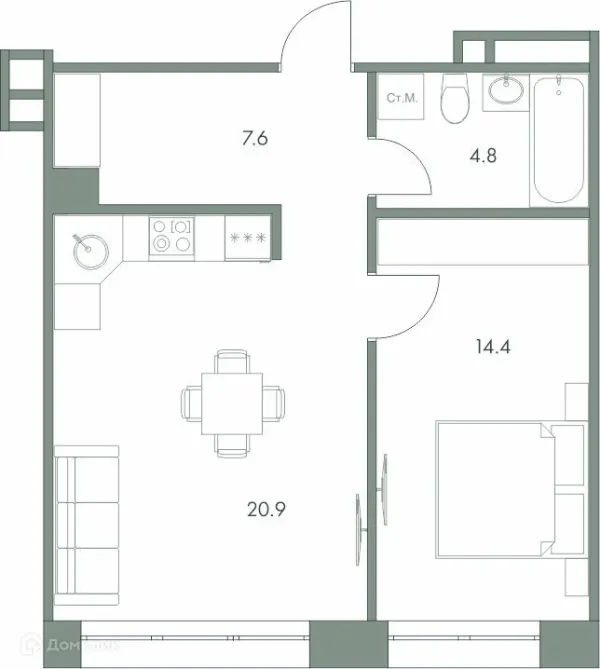Планировка 1 комн. в ЖК Эко-квартал "Долина Ручьев"