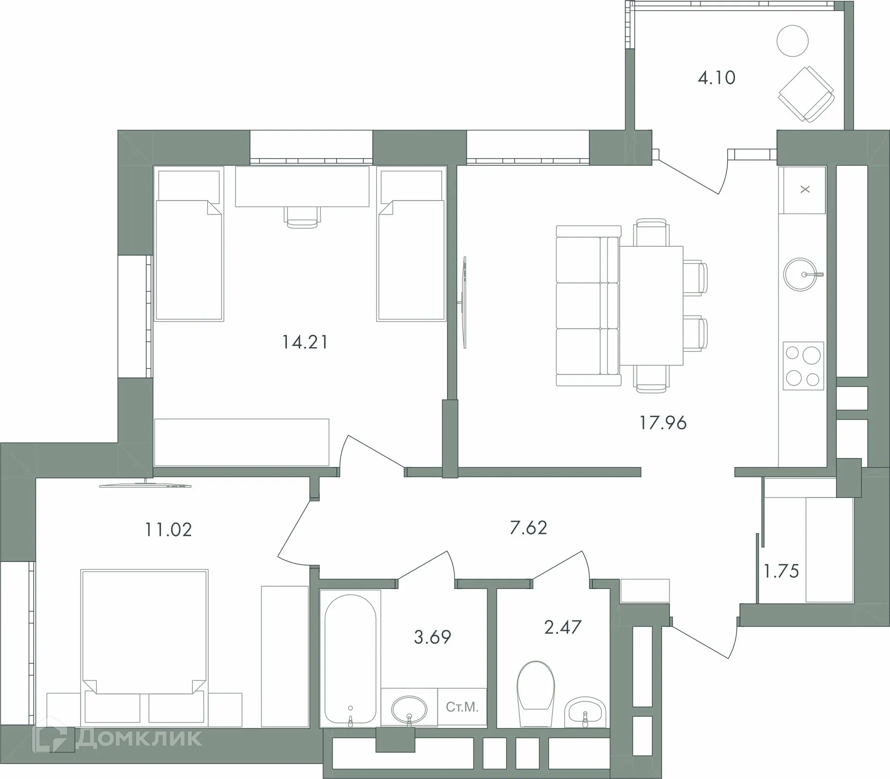 Планировка 2-комнатной квартиры 62.82 м² в ЖК Дом бизнес-класса Дягилев, г. Ханты-Мансийск — фото 3