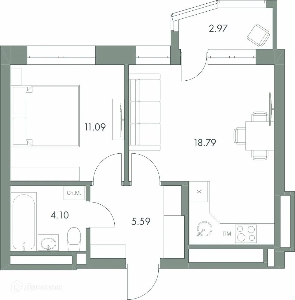 Планировка 1-комнатной квартиры 42.54 м² в ЖК Есенин, г. Ханты-Мансийск — фото 1
