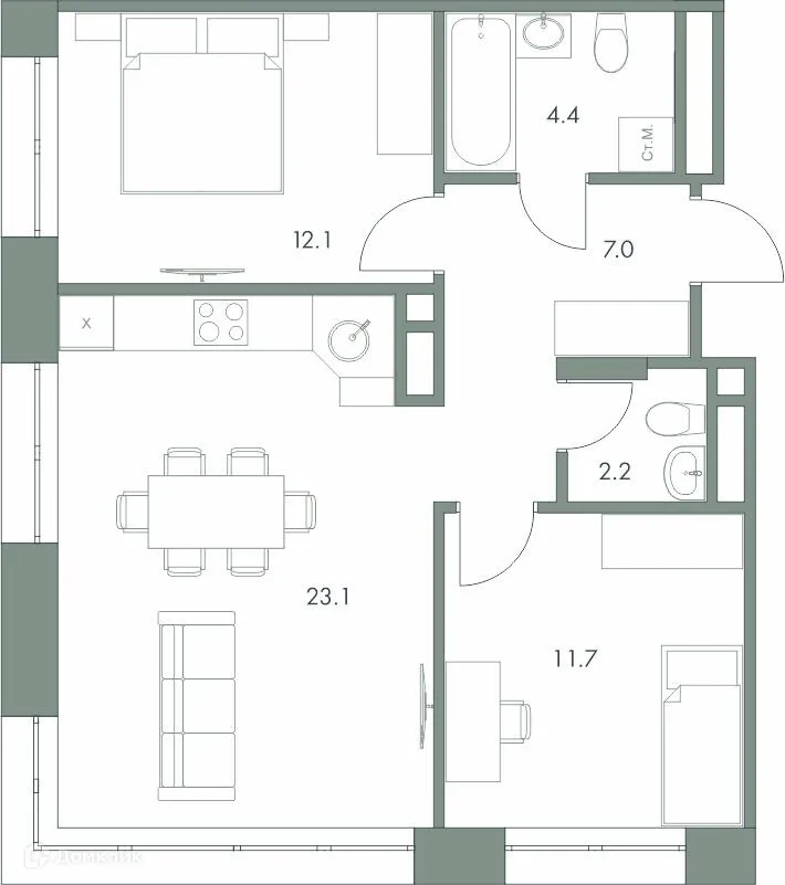 Планировка 2-комнатной квартиры 60.5 м² в ЖК Эко-квартал "Долина Ручьев", г. Ханты-Мансийск — фото 1