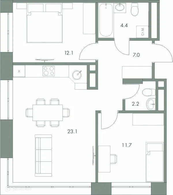 Планировка 2 комн. в ЖК Эко-квартал "Долина Ручьев"