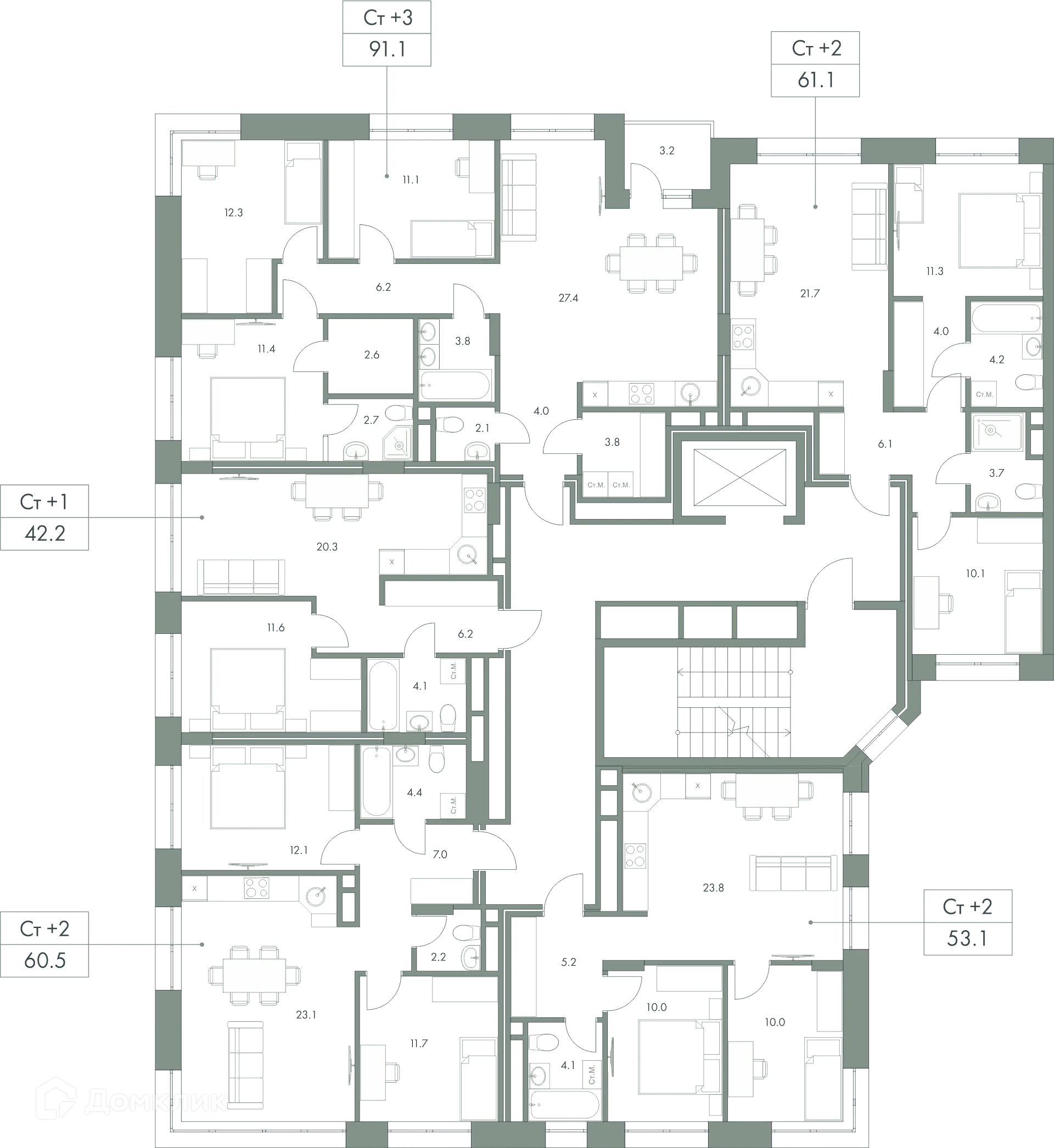 Планировка 2-комнатной квартиры 60.5 м² в ЖК Эко-квартал "Долина Ручьев", г. Ханты-Мансийск — фото 2