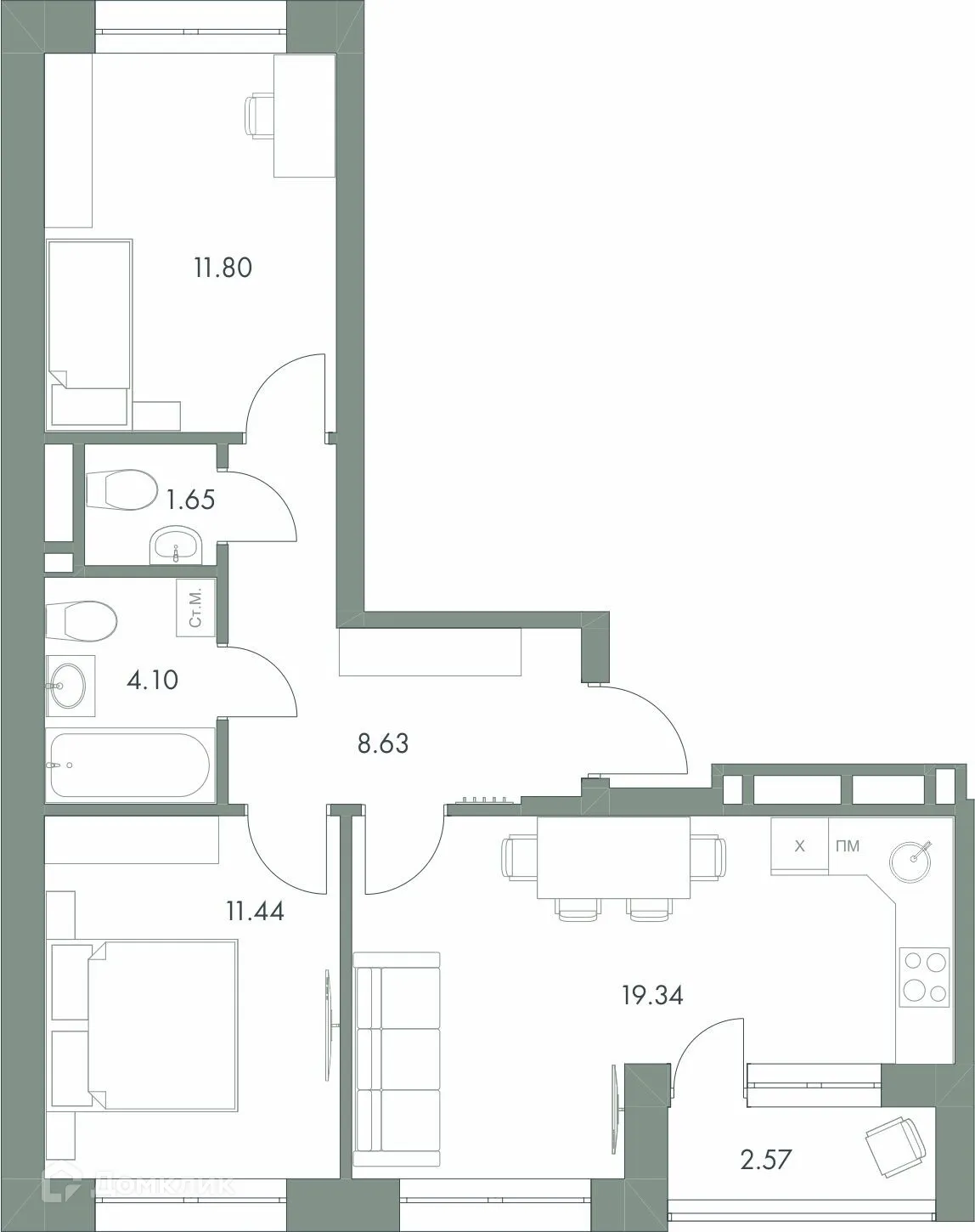 Планировка 2-комнатной квартиры 59.53 м² в ЖК Есенин, г. Ханты-Мансийск — фото 1