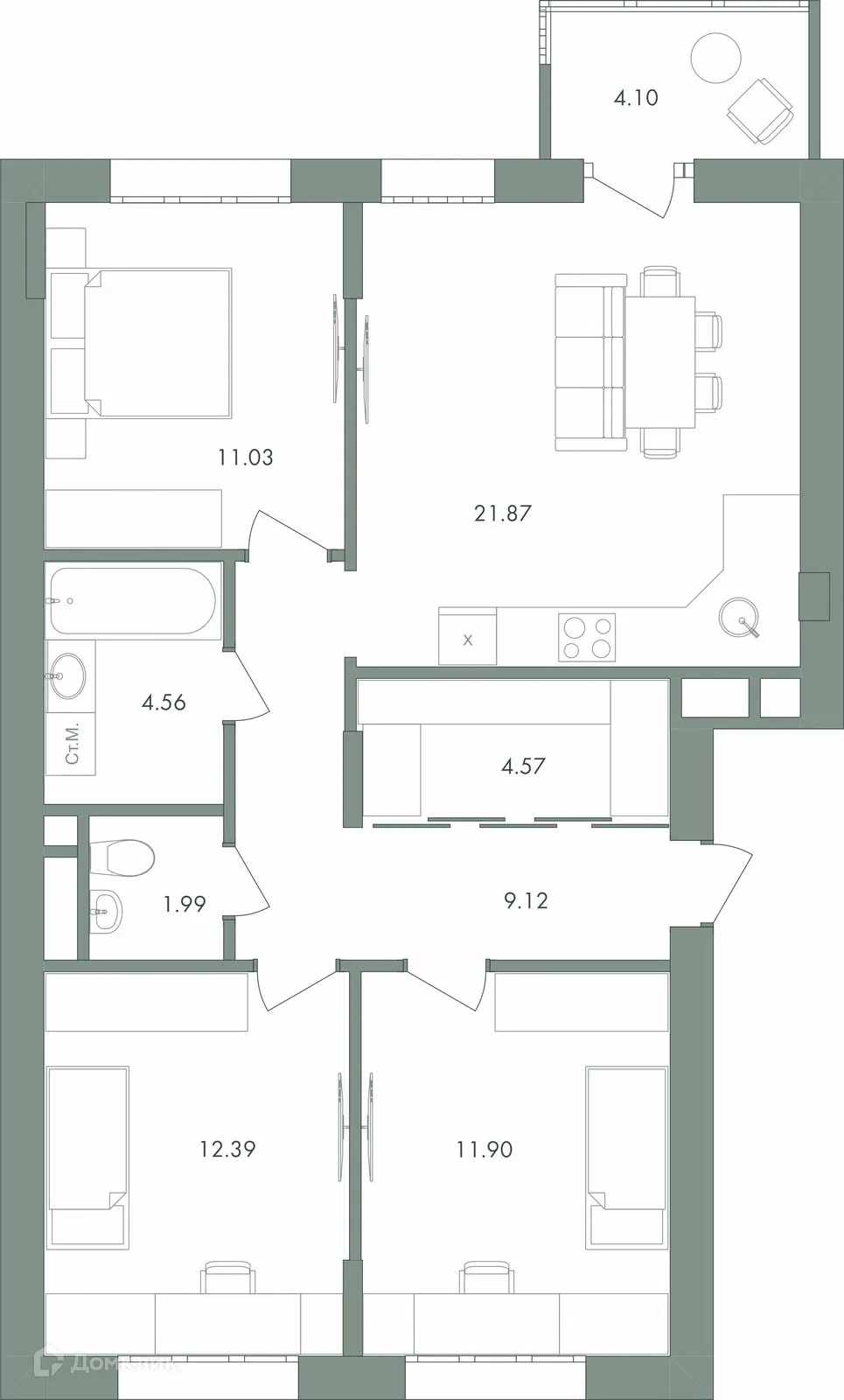 Планировка 3-комнатной квартиры 81.53 м² в ЖК Дом бизнес-класса Дягилев, г. Ханты-Мансийск — фото 4