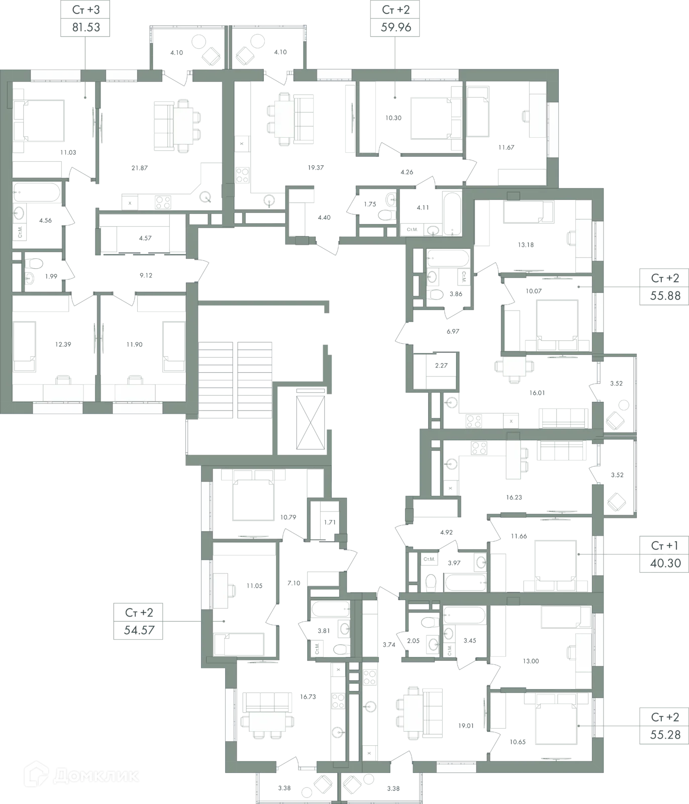 Планировка 2-комнатной квартиры 54.57 м² в ЖК Дом бизнес-класса Дягилев, г. Ханты-Мансийск — фото 15