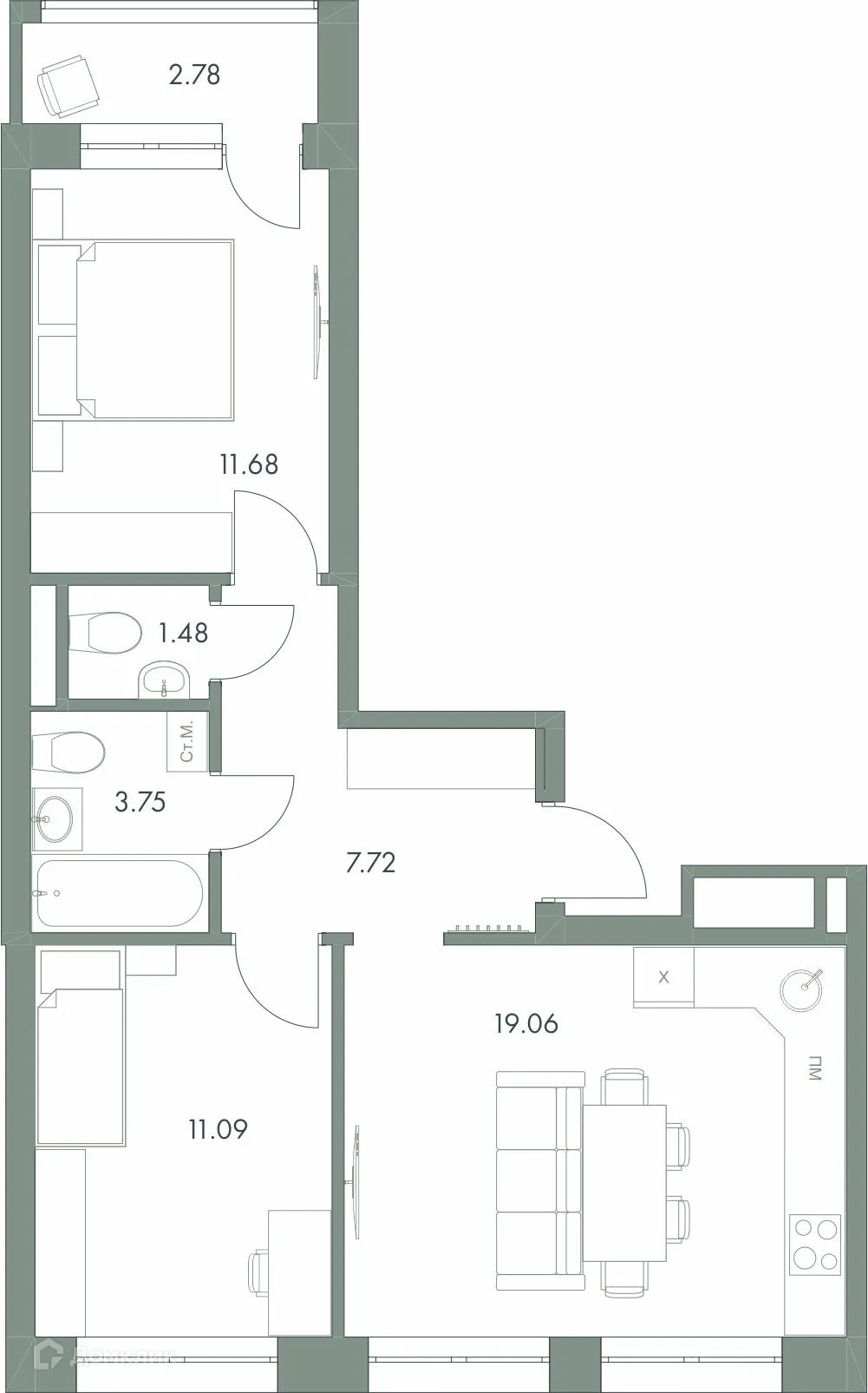 Планировка 2-комнатной квартиры 57.49 м² в ЖК Есенин, г. Ханты-Мансийск — фото 1
